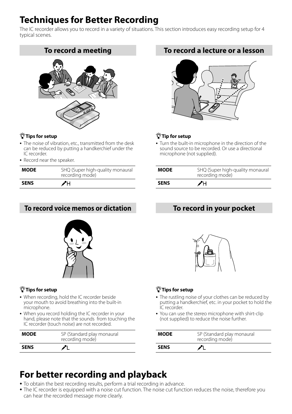 Techniques for better recording, For better recording and playback | Sony ICD-PX820D User Manual | Page 2 / 2