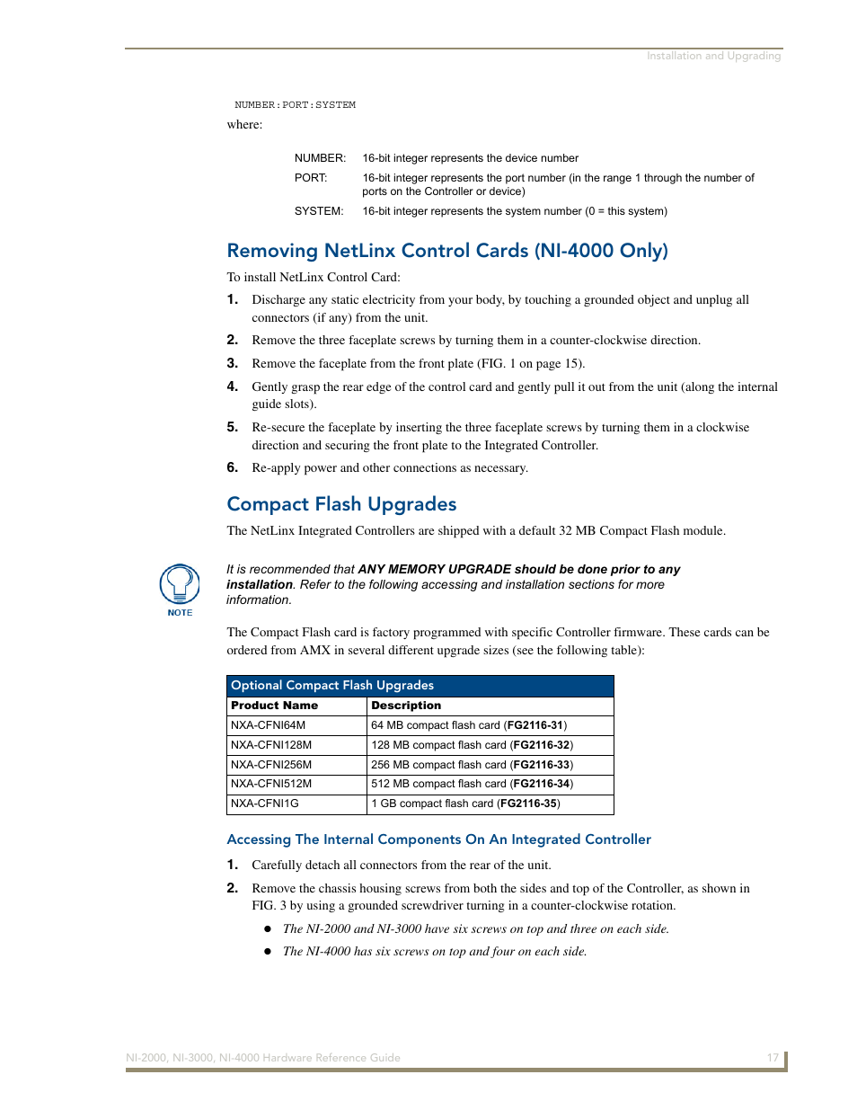 Removing netlinx control cards (ni-4000 only), Compact flash upgrades | AMX NetLinx Integrated Controllers NXI-x000 Series User Manual | Page 21 / 38