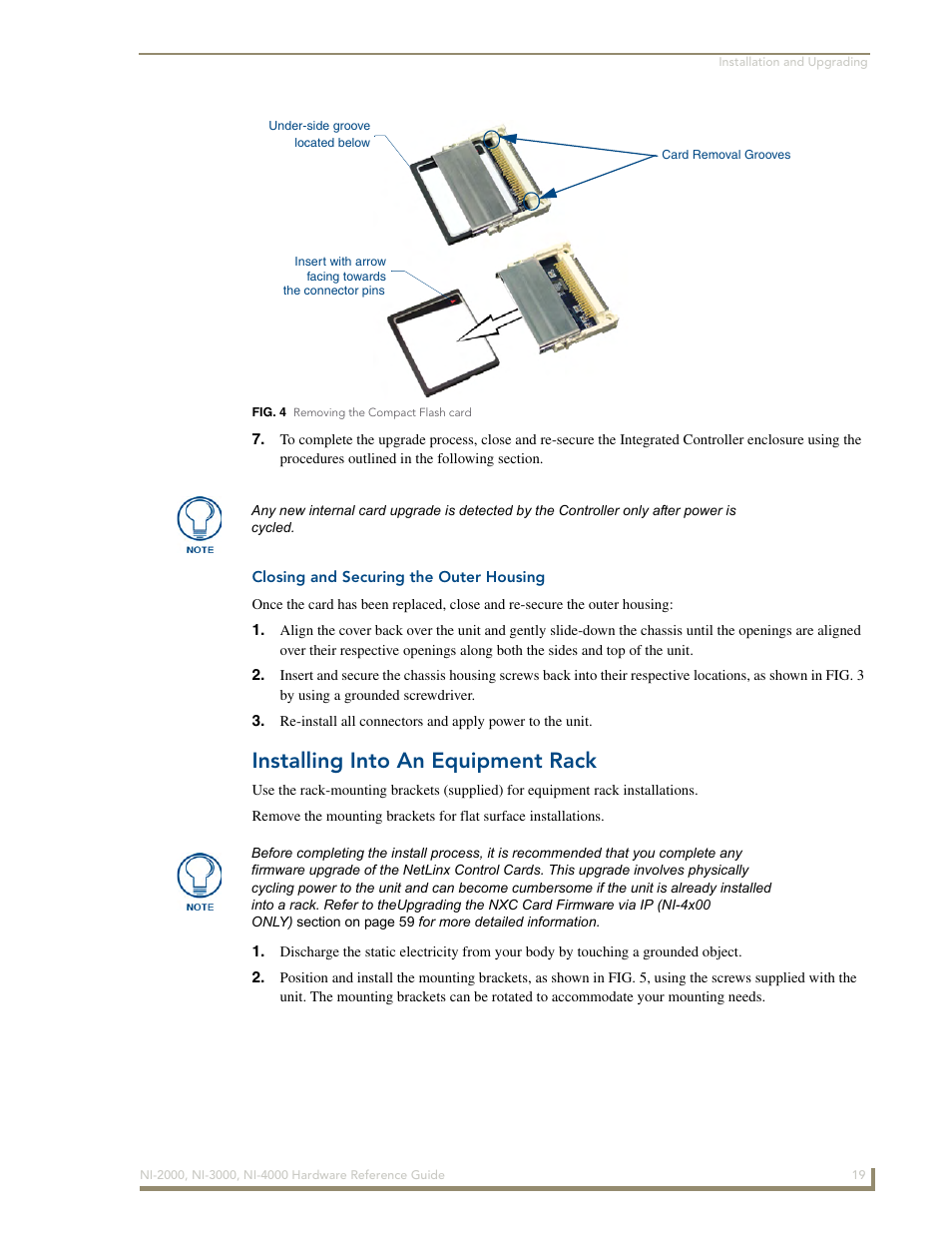 Closing and securing the outer housing, Installing into an equipment rack | AMX NetLinx Integrated Controllers NXI-x000 Series User Manual | Page 23 / 38