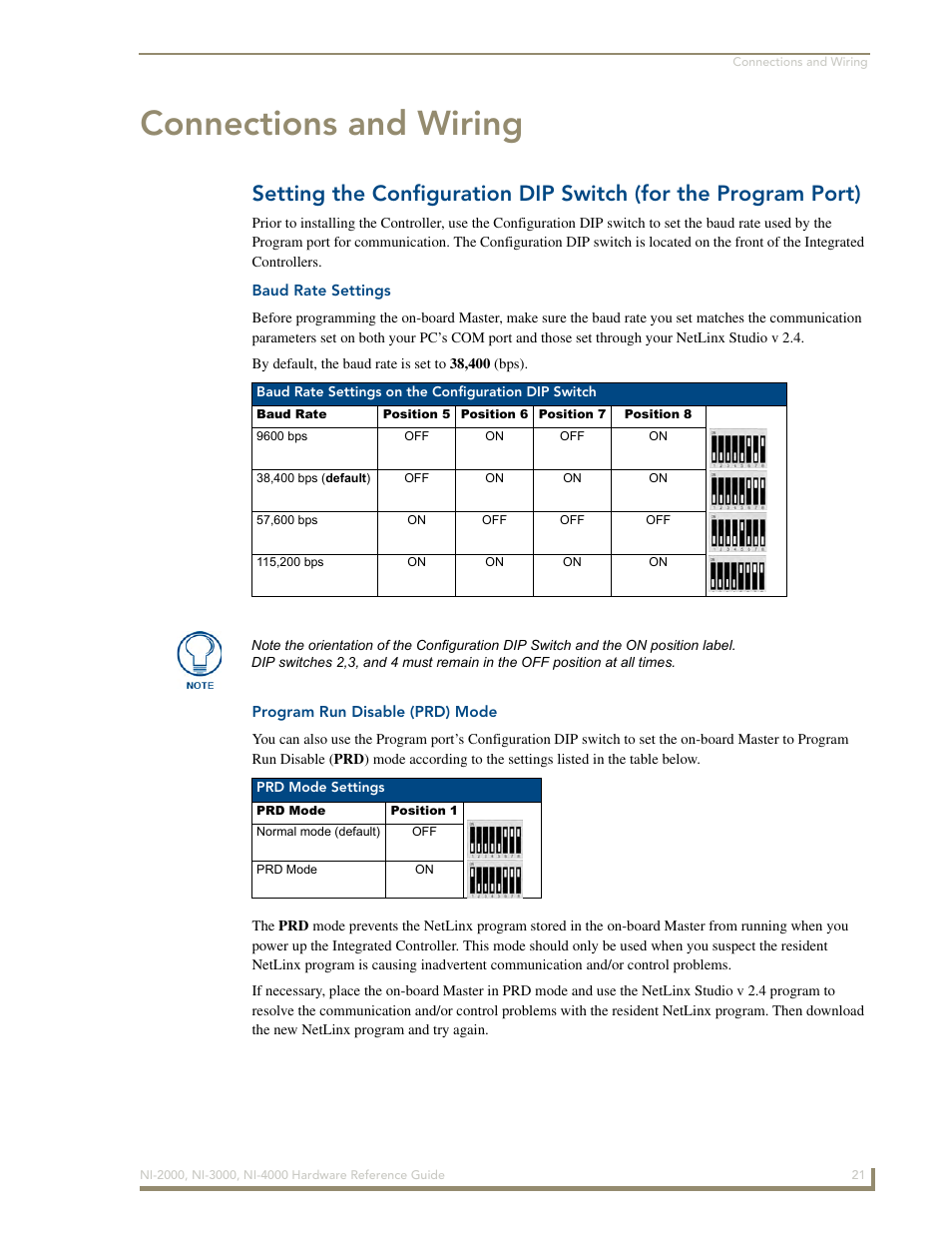 Connections and wiring, Baud rate settings, Program run disable (prd) mode | AMX NetLinx Integrated Controllers NXI-x000 Series User Manual | Page 25 / 38