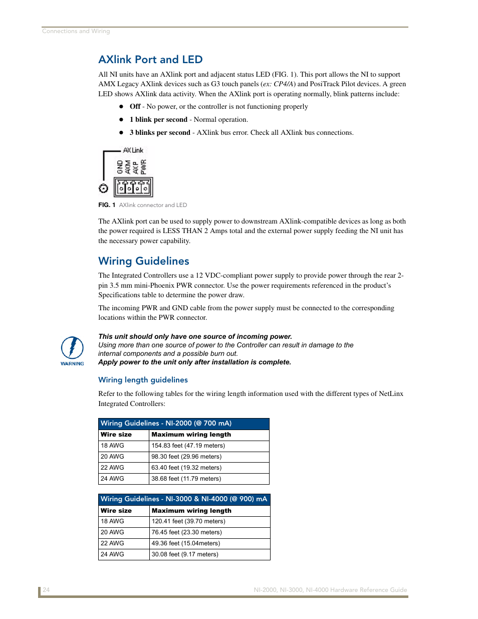 Axlink port and led, Wiring guidelines, Wiring length guidelines | AMX NetLinx Integrated Controllers NXI-x000 Series User Manual | Page 28 / 38