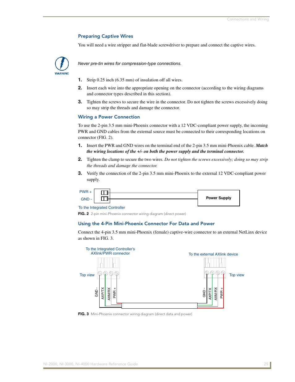 Preparing captive wires, Wiring a power connection | AMX NetLinx Integrated Controllers NXI-x000 Series User Manual | Page 29 / 38