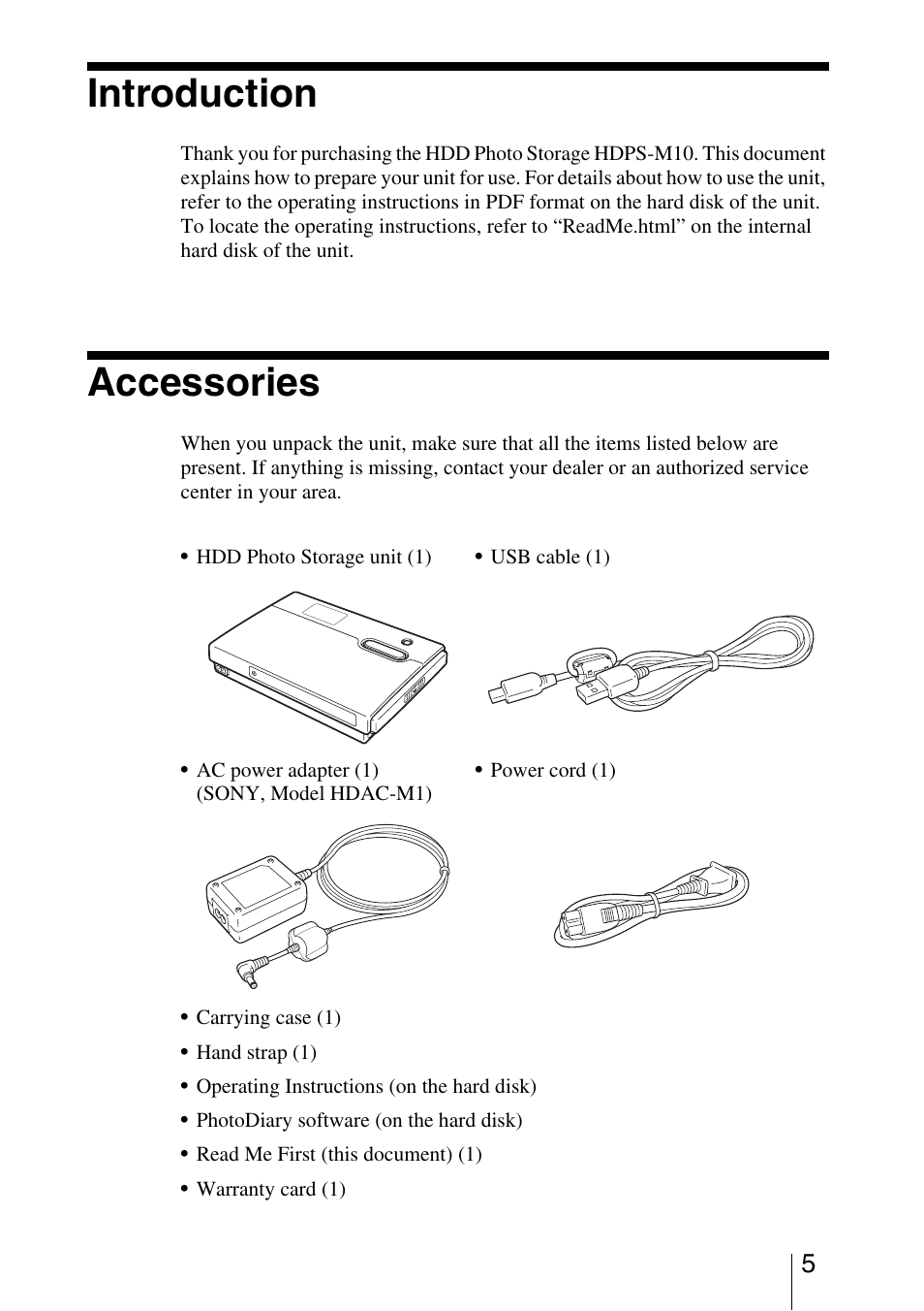 Introduction, Accessories | Sony HDPS-M10 User Manual | Page 5 / 24