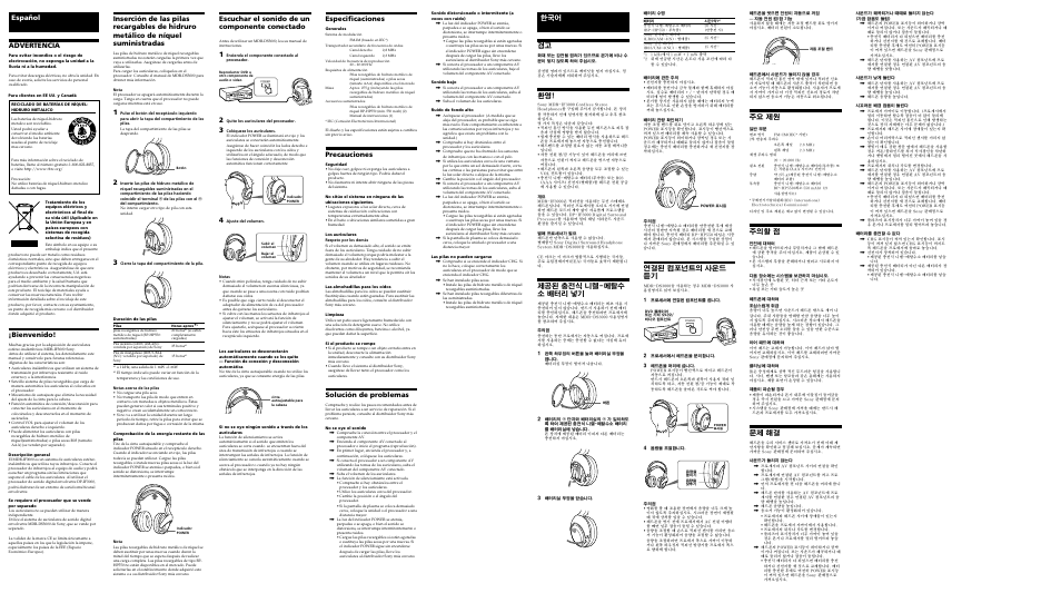 Bienvenido, Español advertencia, Escuchar el sonido de un componente conectado | Especificaciones, Precauciones, Solución de problemas, 한국어 경고, 제공된 충전식 니켈-메탈수 소 배터리 넣기, 주요 제원, 주의할 점 | Sony MDR-IF3000 User Manual | Page 2 / 2