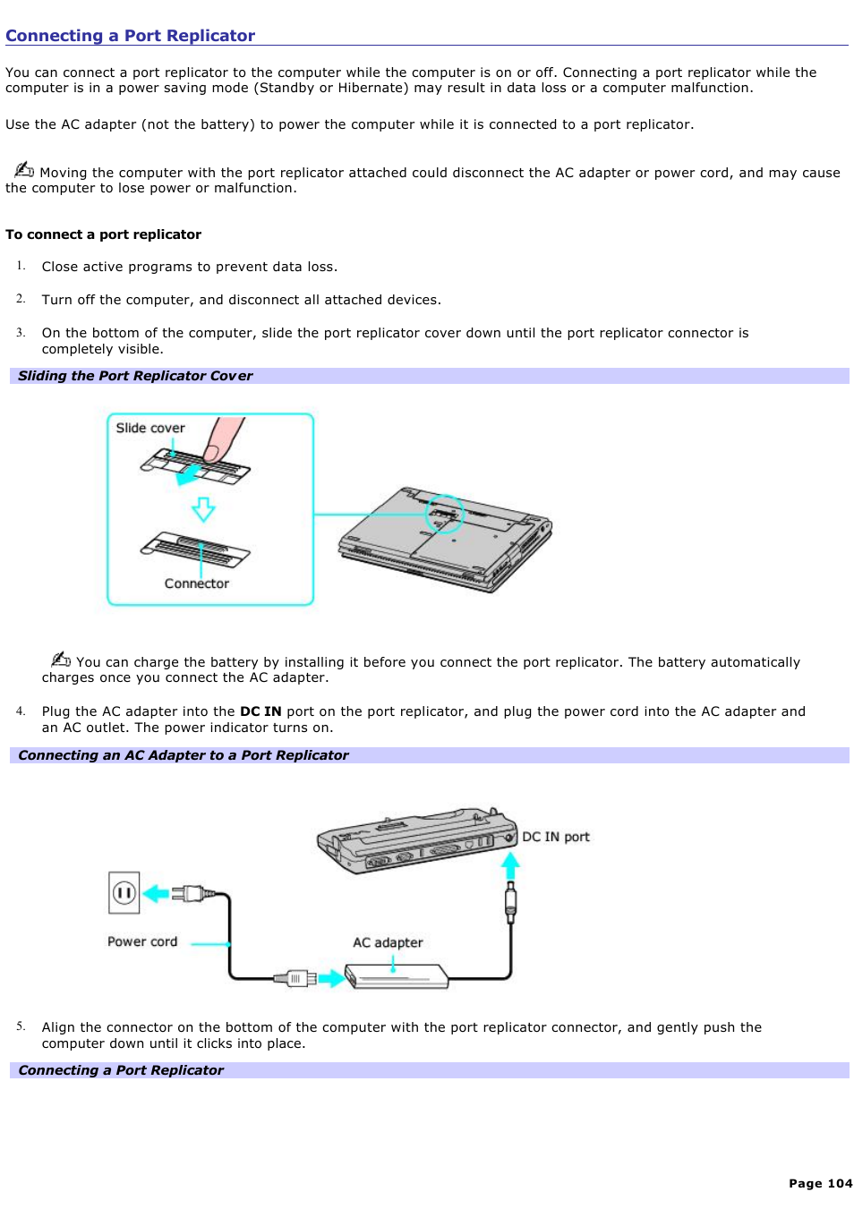 Connecting a port replicator | Sony PCG-V505BXP User Manual | Page 104 / 141