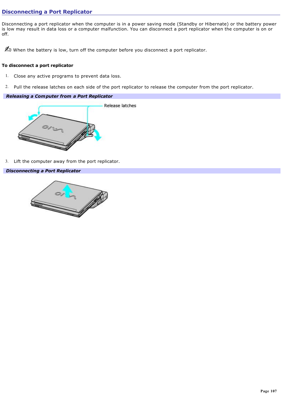 Disconnecting a port replicator | Sony PCG-V505BXP User Manual | Page 107 / 141