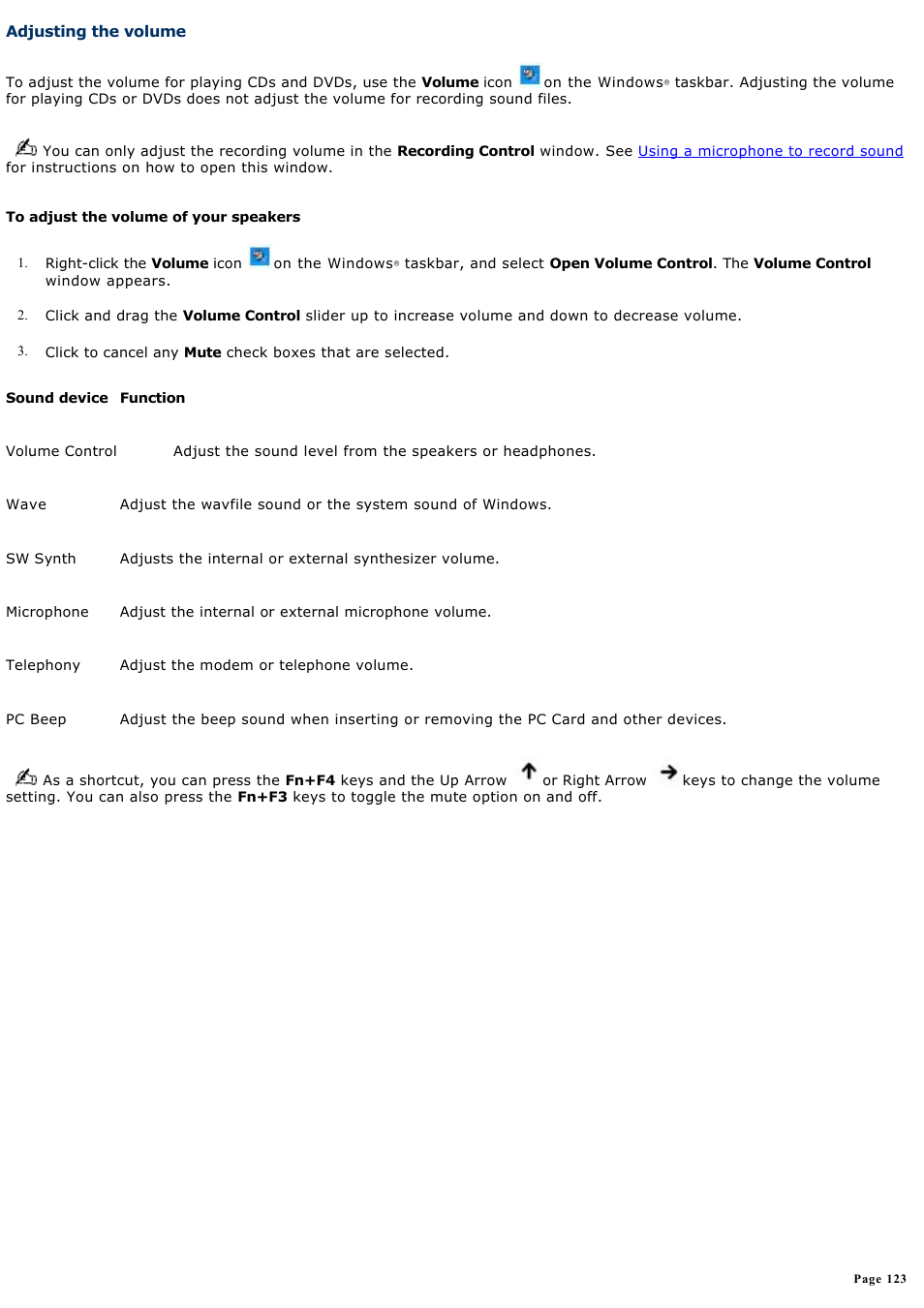 Adjusting the volume | Sony PCG-V505BXP User Manual | Page 123 / 141