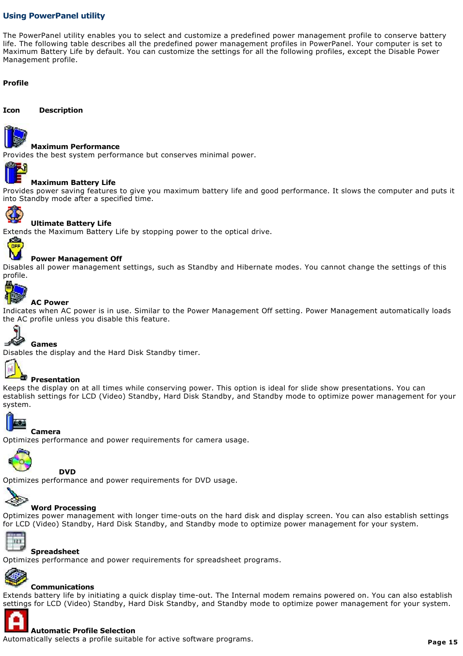 Using powerpanel utility | Sony PCG-V505BXP User Manual | Page 15 / 141