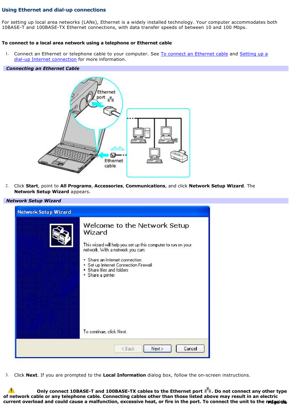 Using ethernet and dial-up connections | Sony PCG-V505BXP User Manual | Page 28 / 141