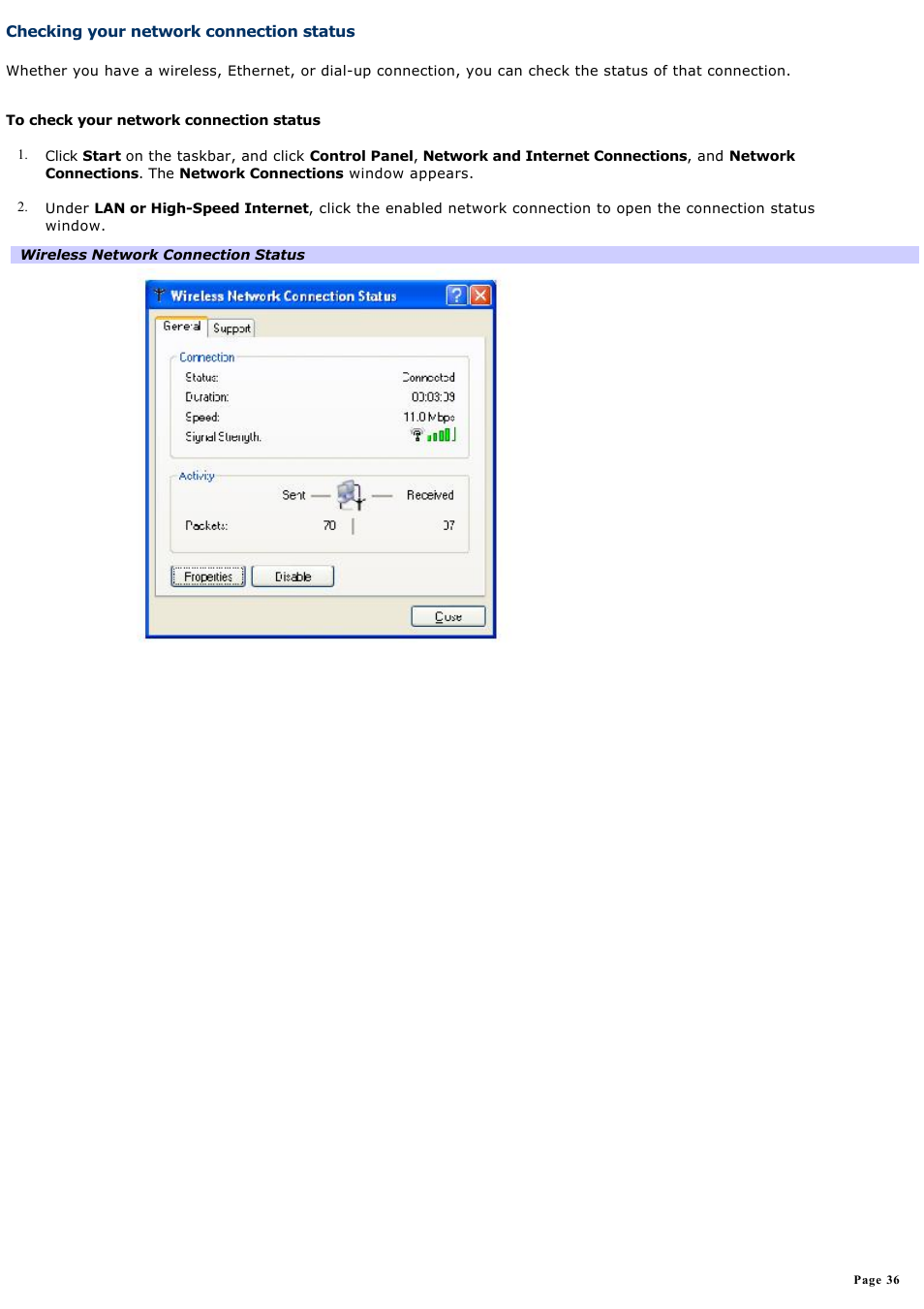 Checking your network connection status | Sony PCG-V505BXP User Manual | Page 36 / 141