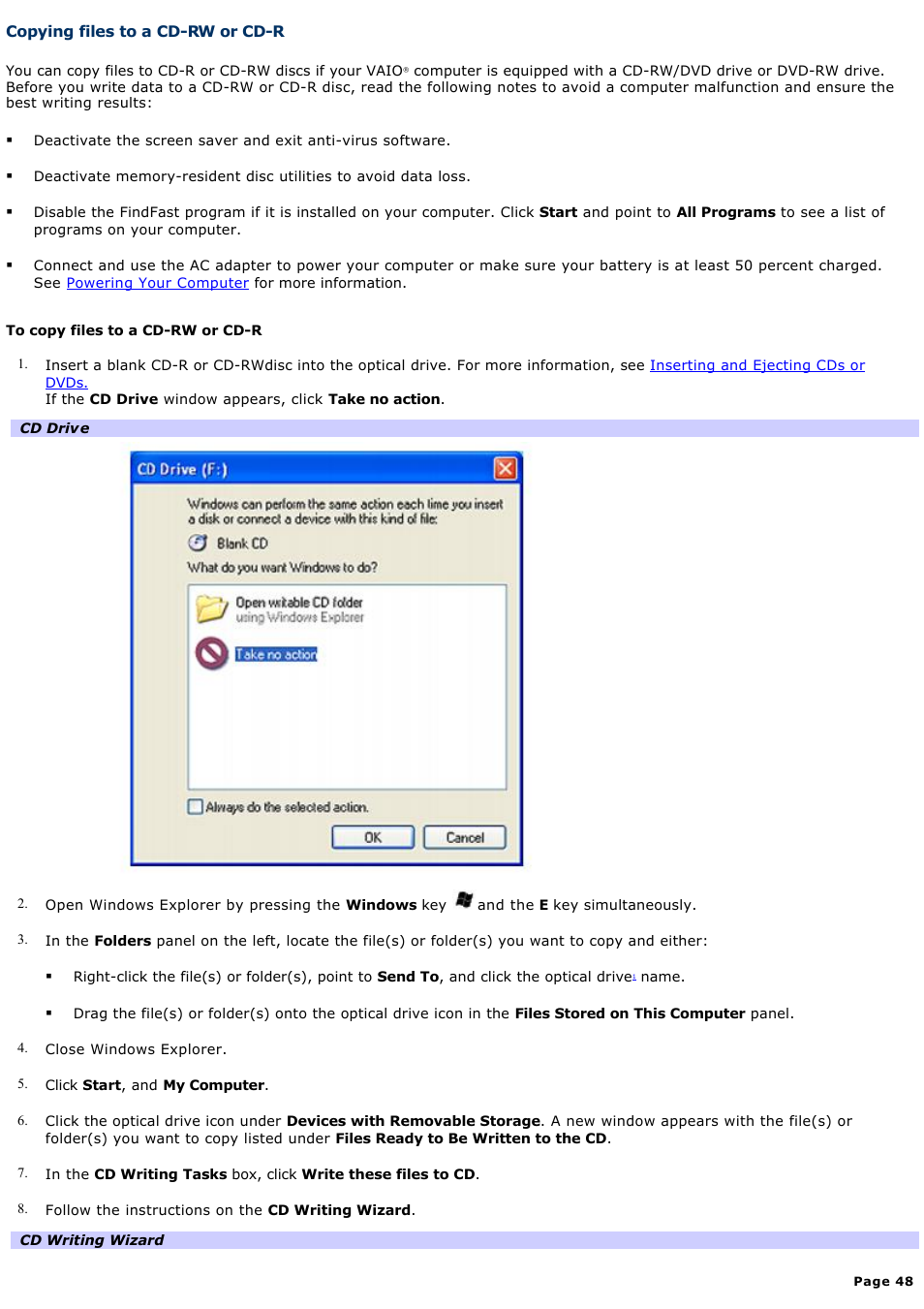 Copying files to a cd-rw or cd-r | Sony PCG-V505BXP User Manual | Page 48 / 141