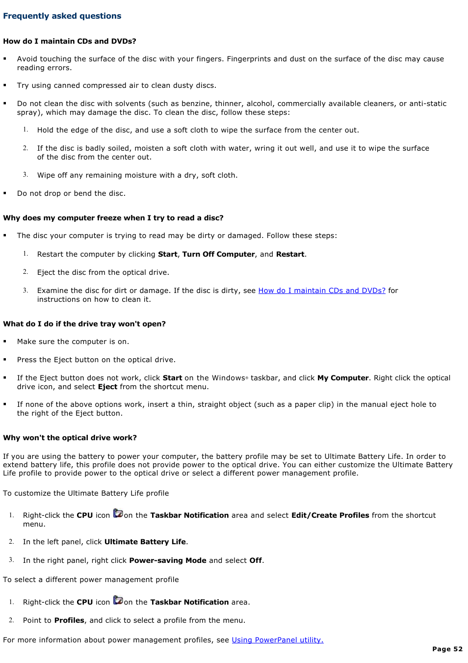 Frequently asked questions | Sony PCG-V505BXP User Manual | Page 52 / 141