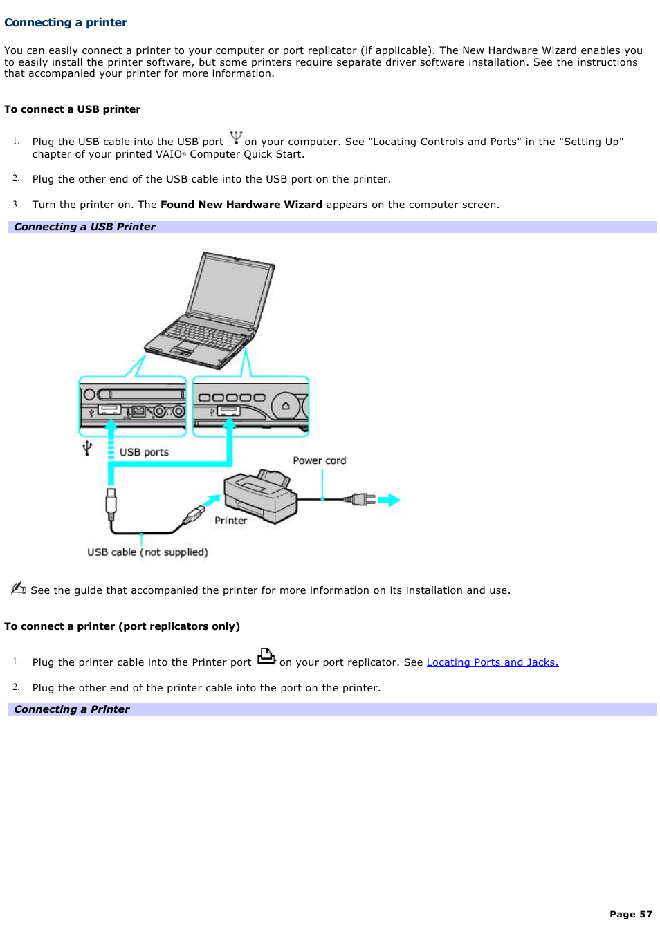 Connecting a printer | Sony PCG-V505BXP User Manual | Page 57 / 141