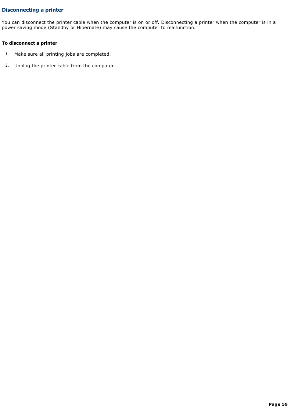 Disconnecting a printer | Sony PCG-V505BXP User Manual | Page 59 / 141