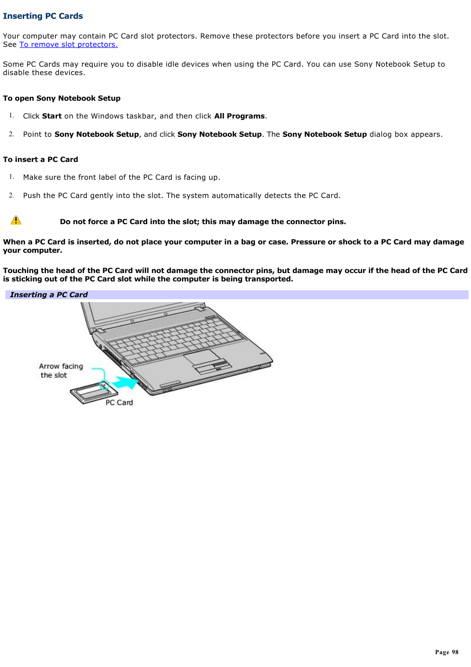 Inserting pc cards | Sony PCG-V505BXP User Manual | Page 98 / 141