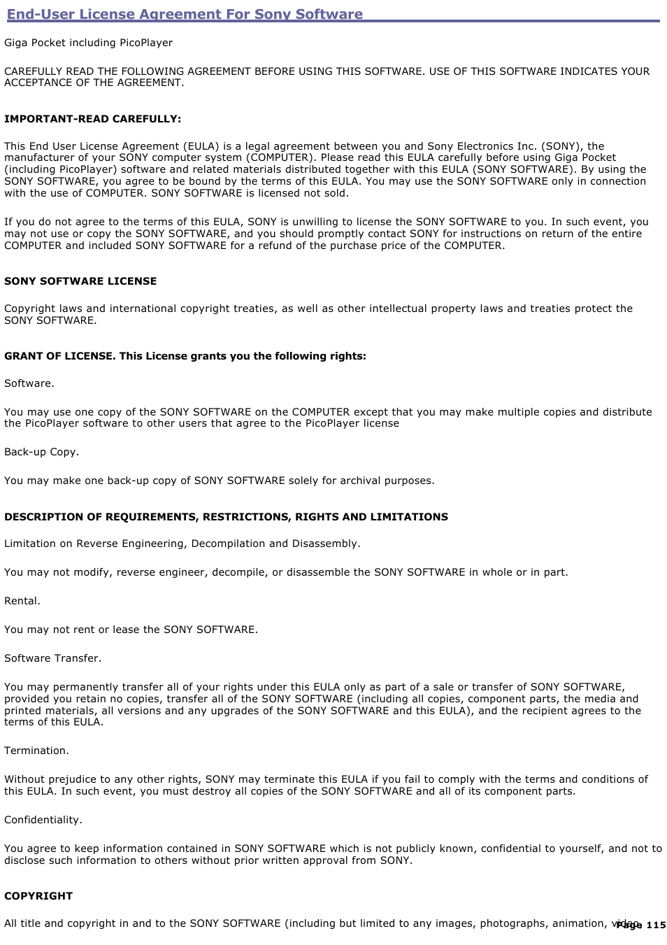 End-user license agreement for sony software | Sony PCG-GRT270G User Manual | Page 115 / 276