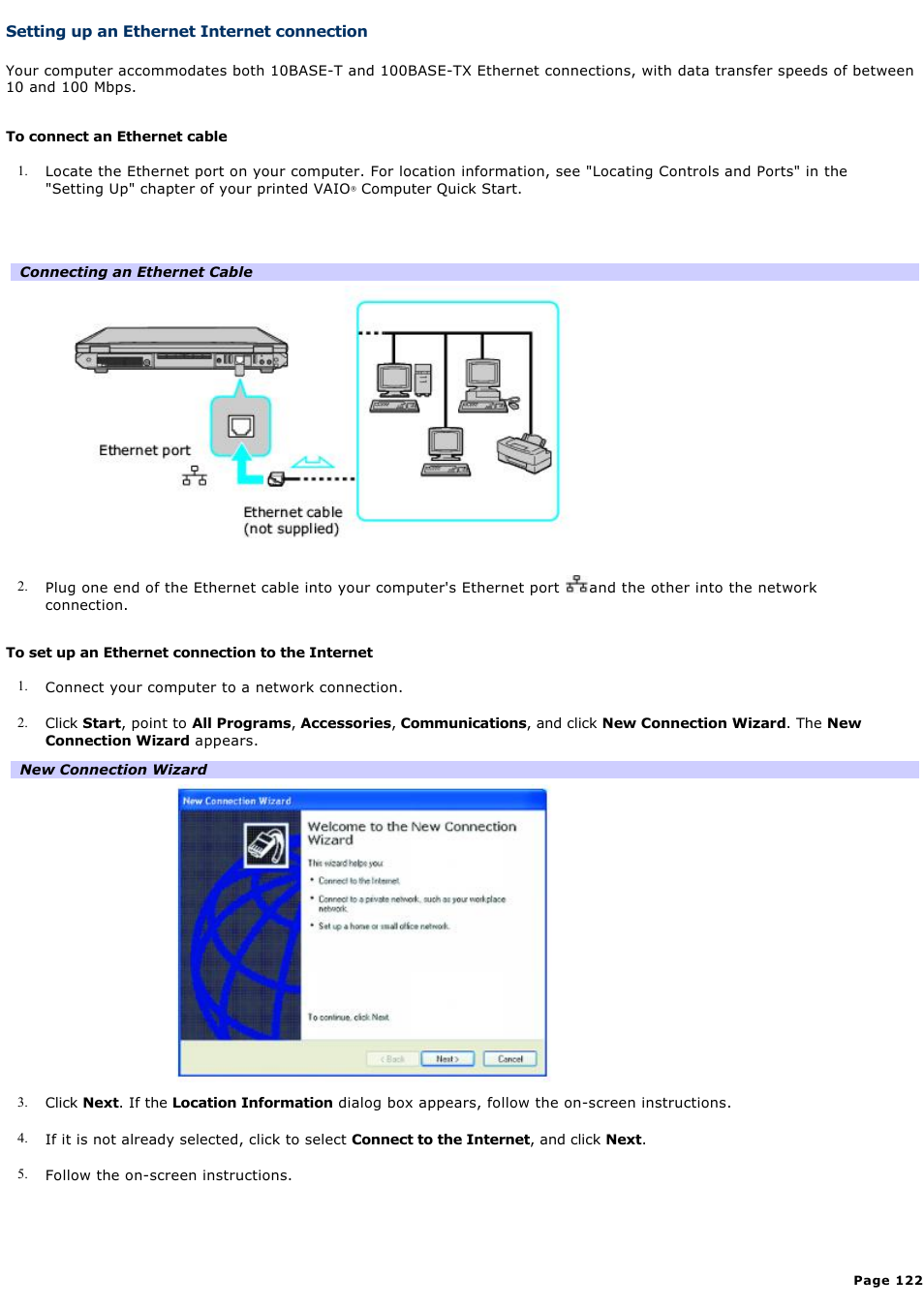 Setting up an ethernet internet connection | Sony PCG-GRT270G User Manual | Page 122 / 276