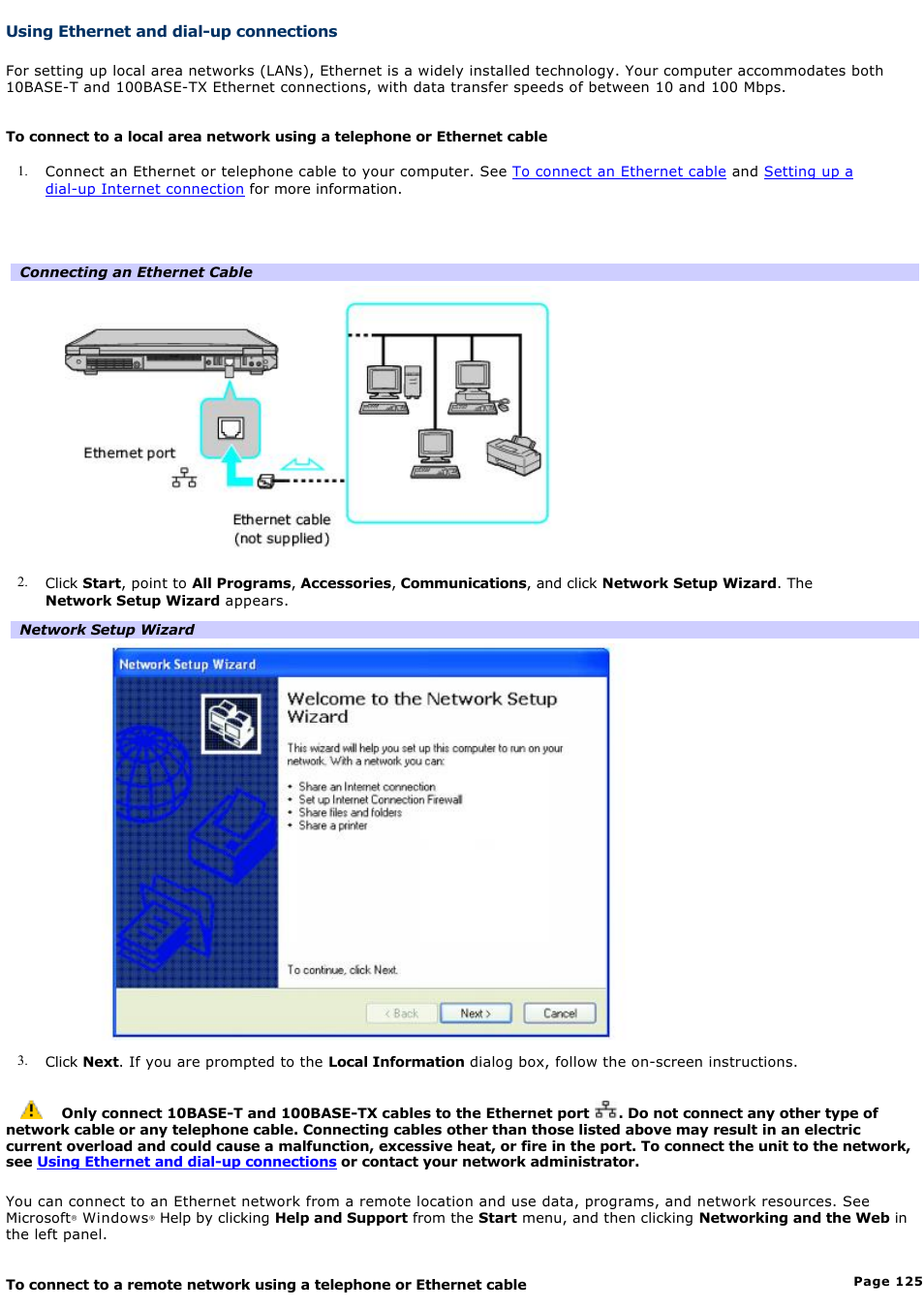 Using ethernet and dial-up connections | Sony PCG-GRT270G User Manual | Page 125 / 276