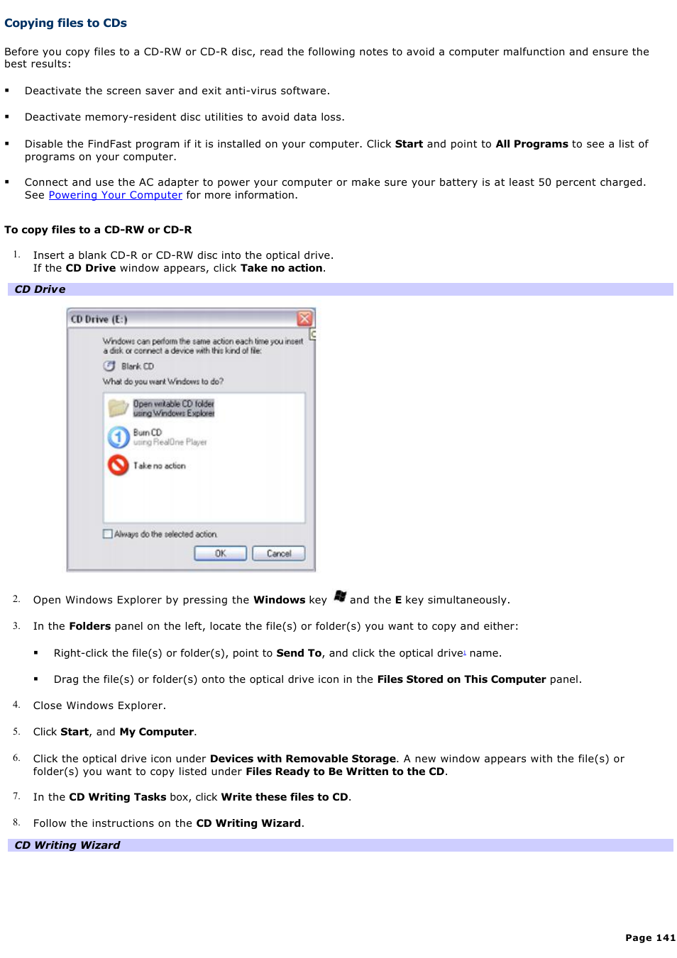 Copying files to cds | Sony PCG-GRT270G User Manual | Page 141 / 276