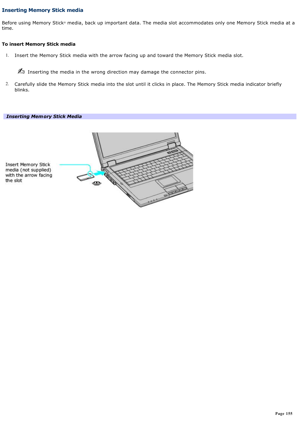 Inserting memory stick media | Sony PCG-GRT270G User Manual | Page 155 / 276