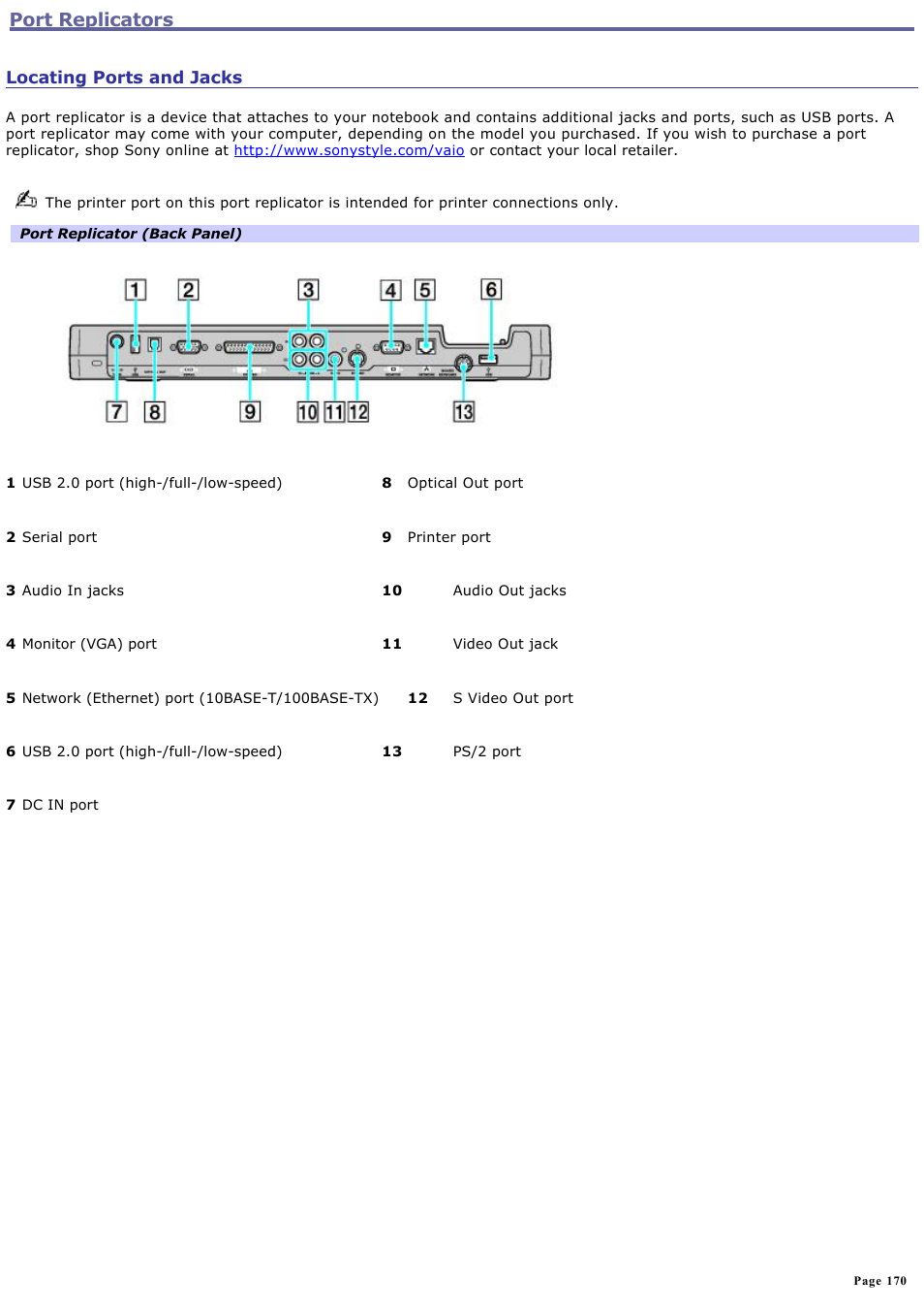 Port replicators | Sony PCG-GRT270G User Manual | Page 170 / 276