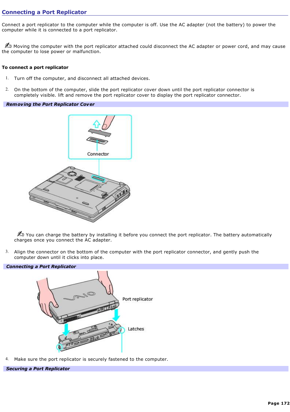 Connecting a port replicator | Sony PCG-GRT270G User Manual | Page 172 / 276