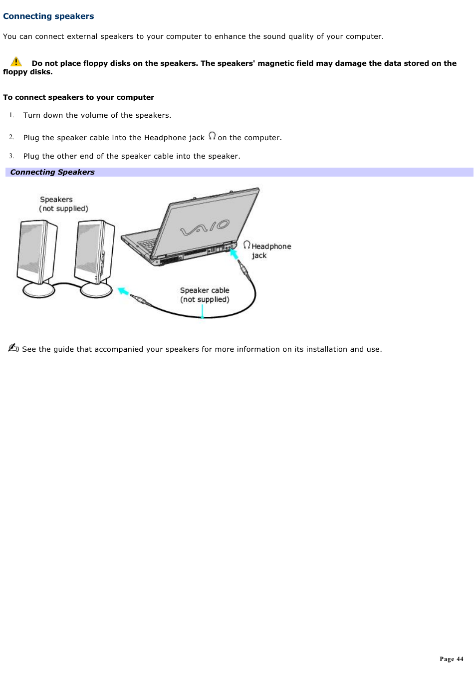 Connecting speakers | Sony PCG-GRT270G User Manual | Page 44 / 276