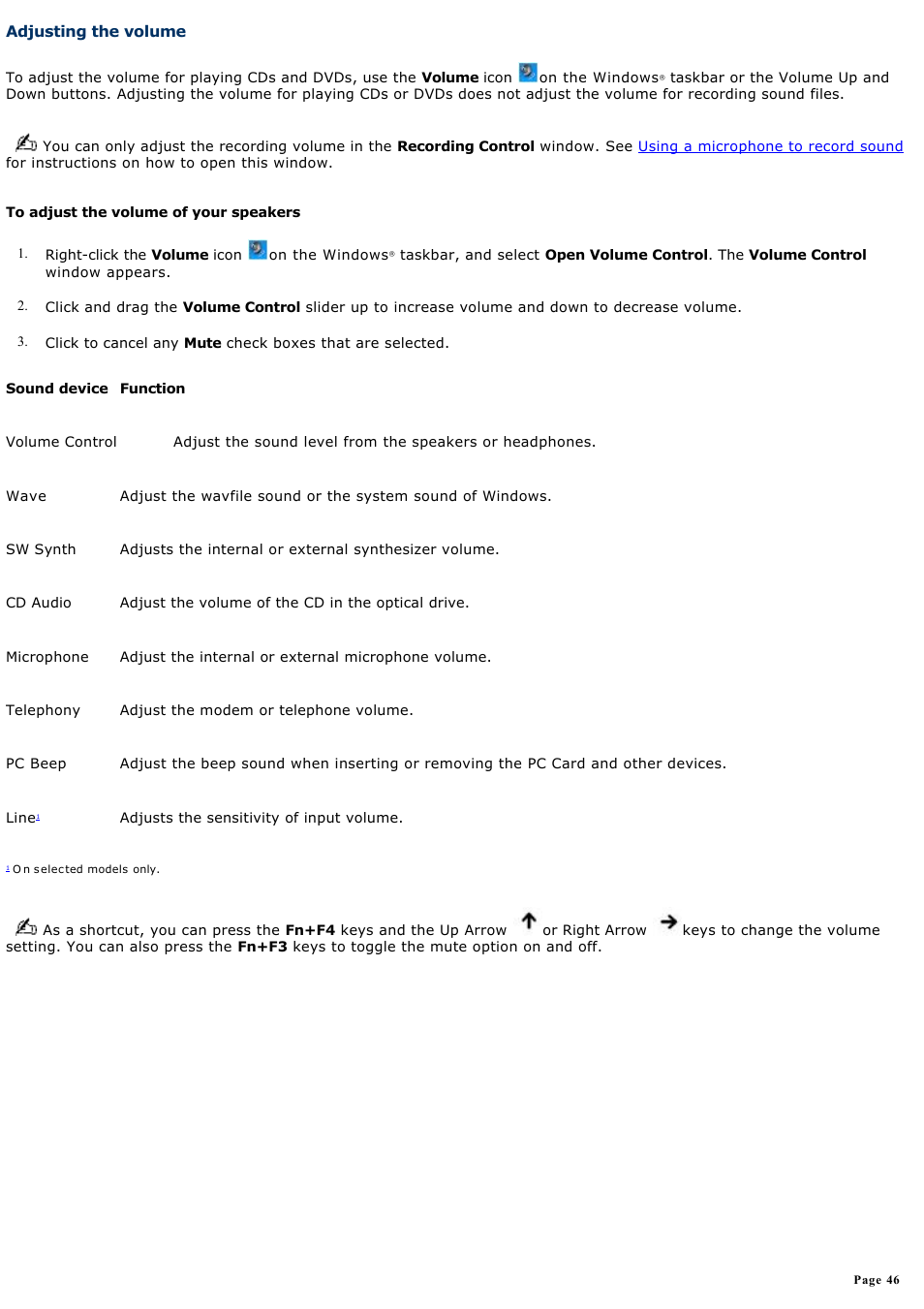 Adjusting the volume | Sony PCG-GRT270G User Manual | Page 46 / 276