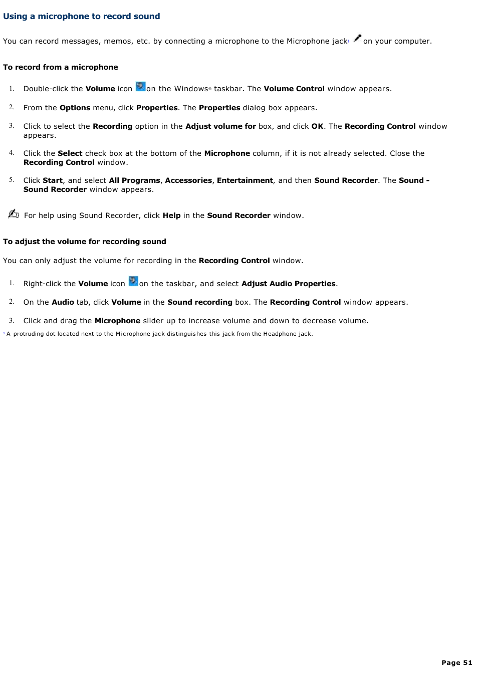 Using a microphone to record sound | Sony PCG-GRT270G User Manual | Page 51 / 276