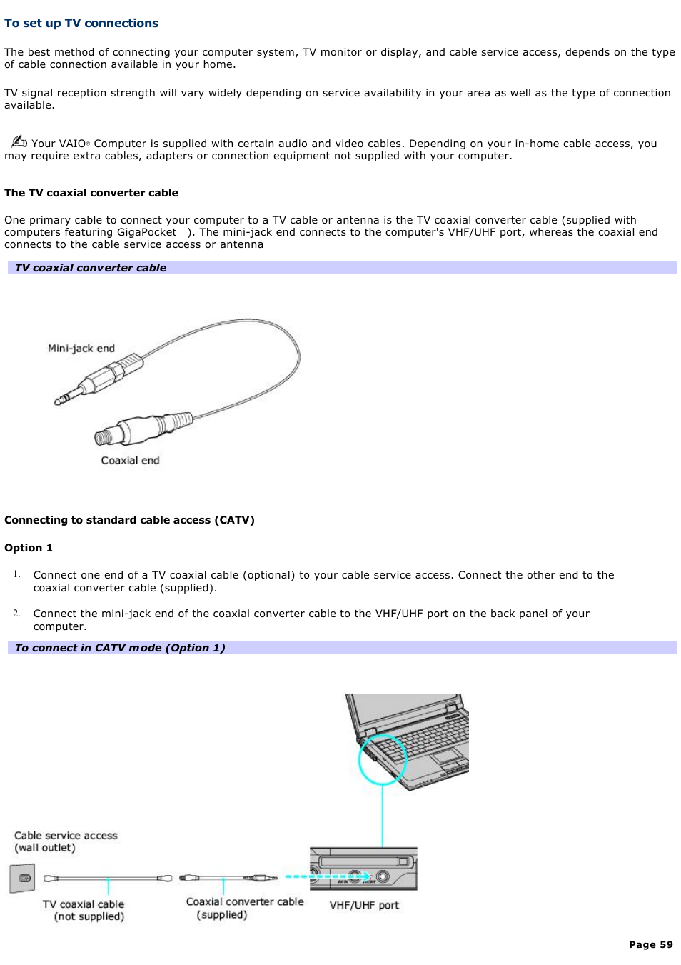 To set up tv connections | Sony PCG-GRT270G User Manual | Page 59 / 276