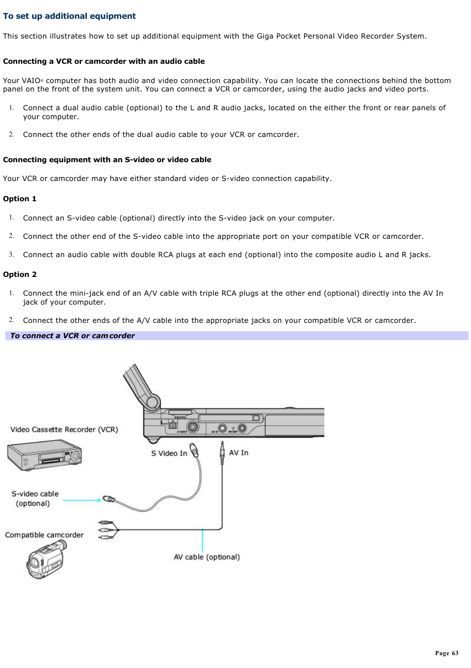 To set up additional equipment | Sony PCG-GRT270G User Manual | Page 63 / 276