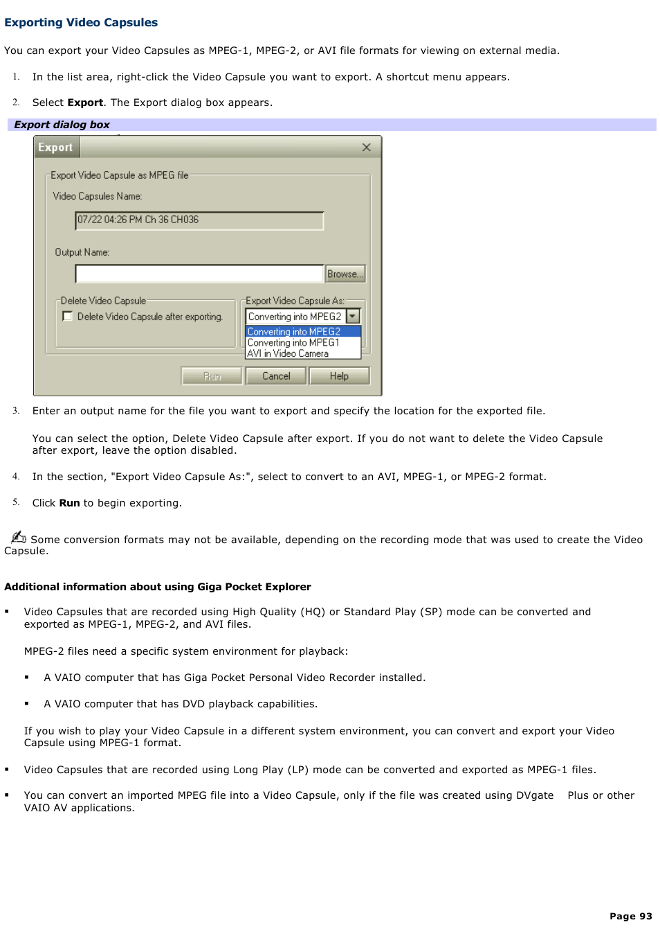 Exporting video capsules | Sony PCG-GRT270G User Manual | Page 93 / 276