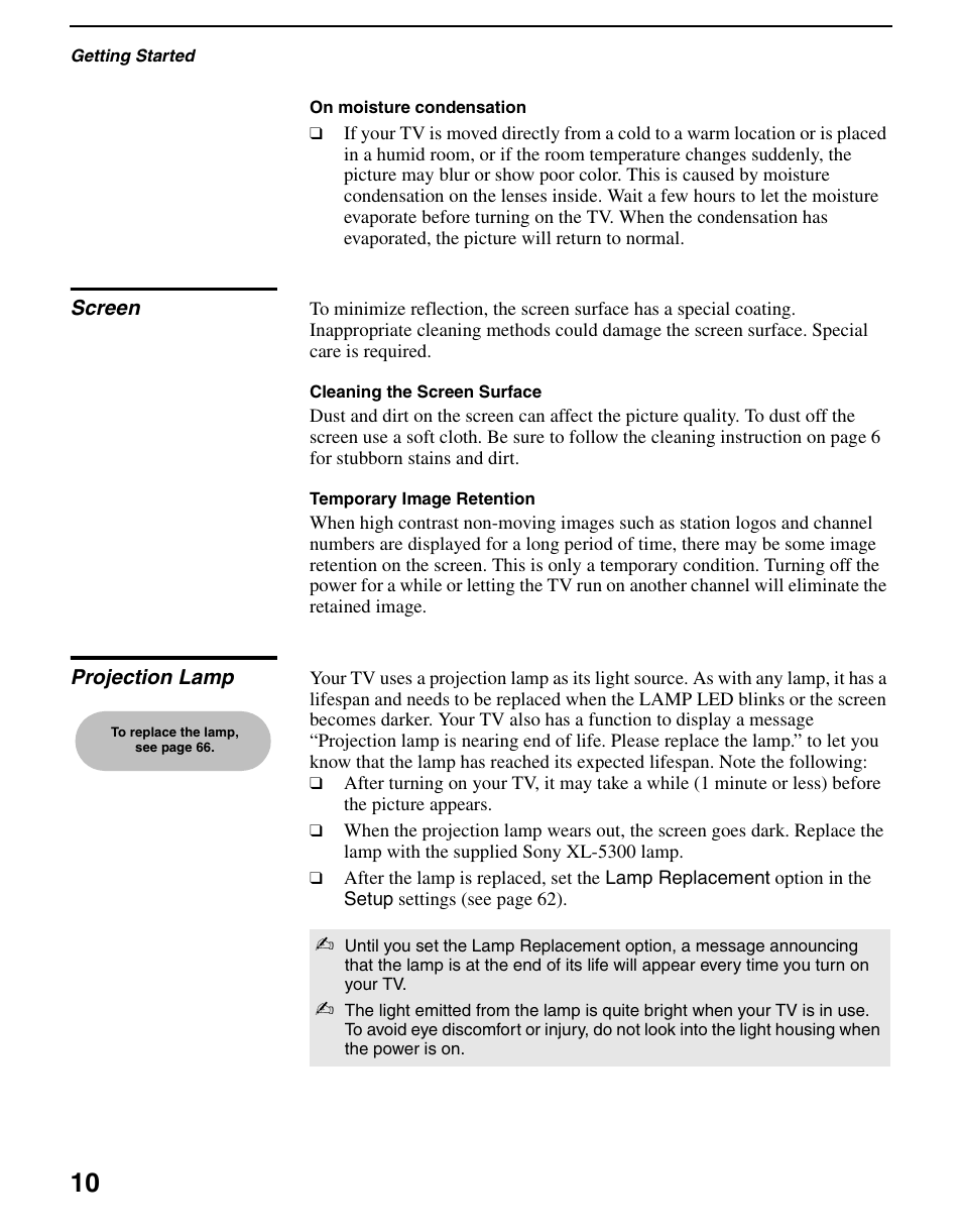 Screen, Projection lamp, Screen projection lamp | Sony KDS-R60XBR2 User Manual | Page 10 / 83