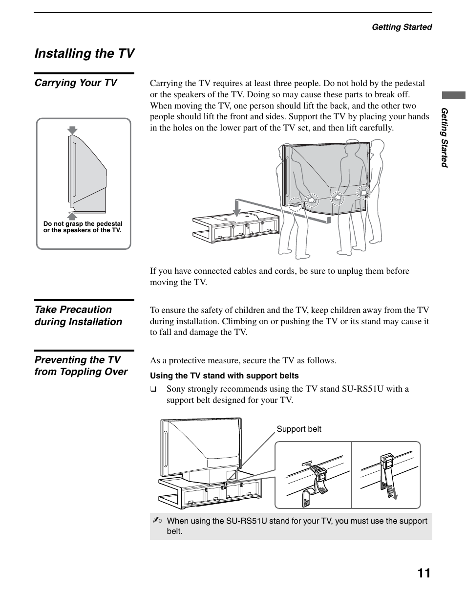 Installing the tv, Carrying your tv, Take precaution during installation | Preventing the tv from toppling over | Sony KDS-R60XBR2 User Manual | Page 11 / 83