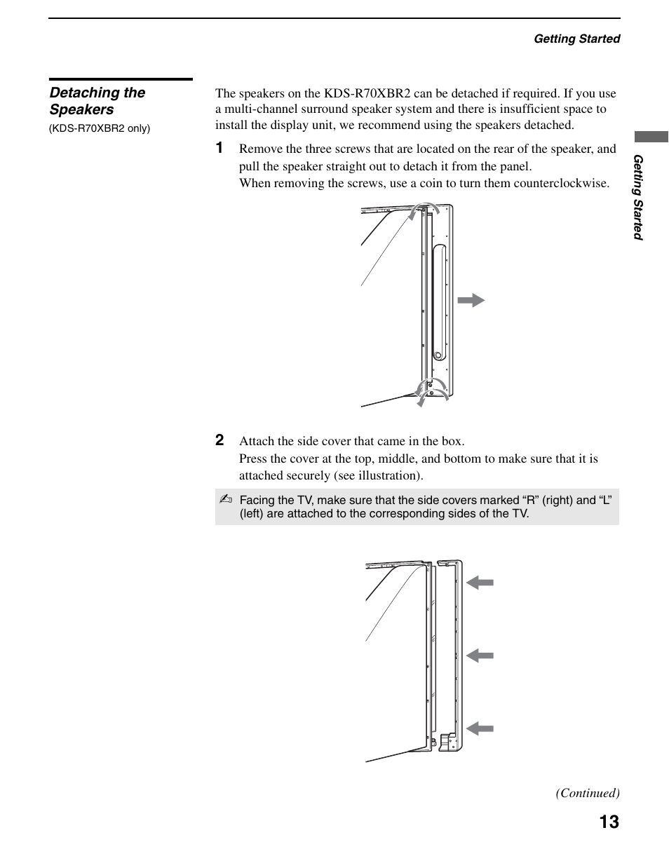 Detaching the speakers (kds-r70xbr2 only) | Sony KDS-R60XBR2 User Manual | Page 13 / 83
