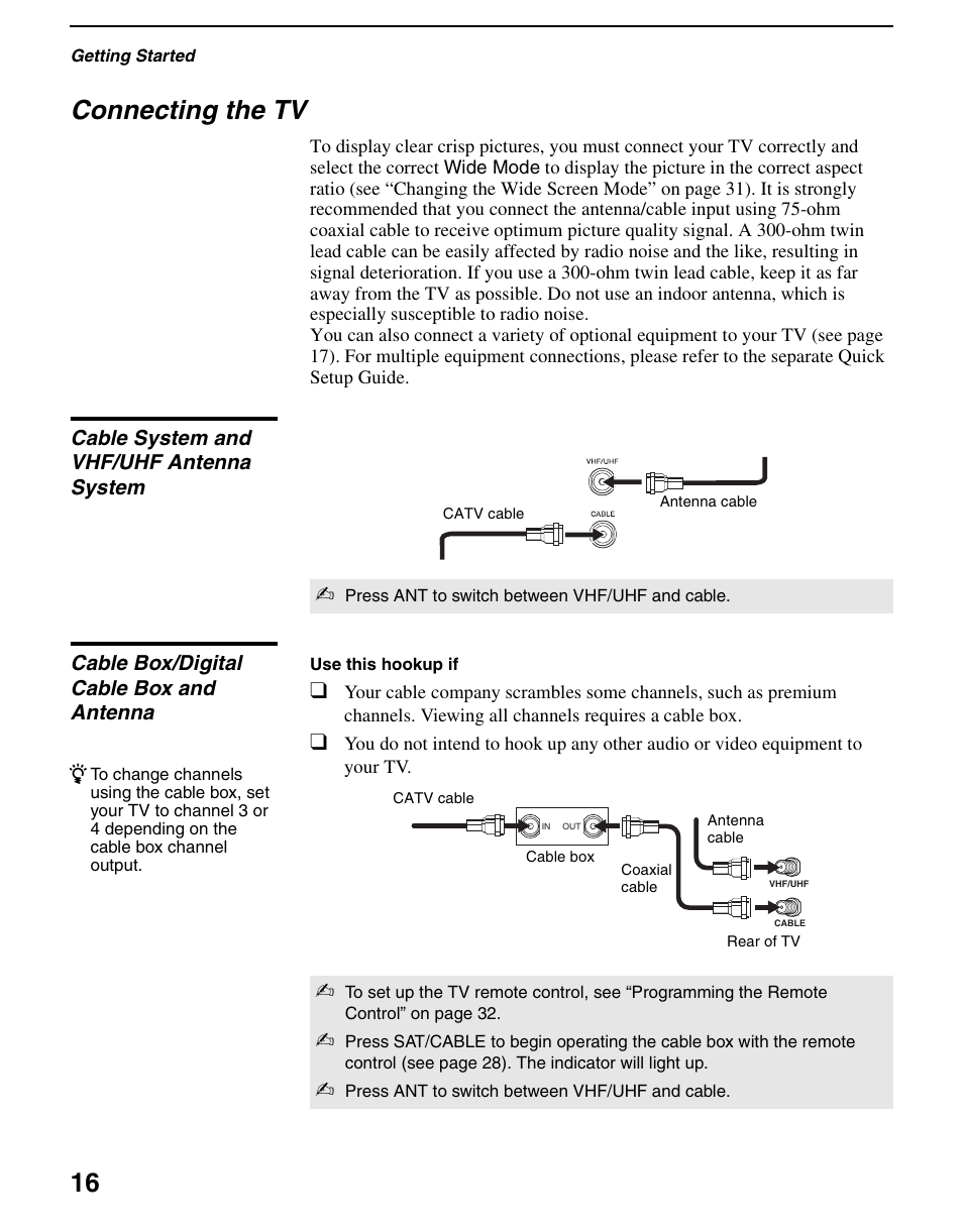 Connecting the tv, Cable system and vhf/uhf antenna system, Cable box/digital cable box and antenna | 16 connecting the tv | Sony KDS-R60XBR2 User Manual | Page 16 / 83