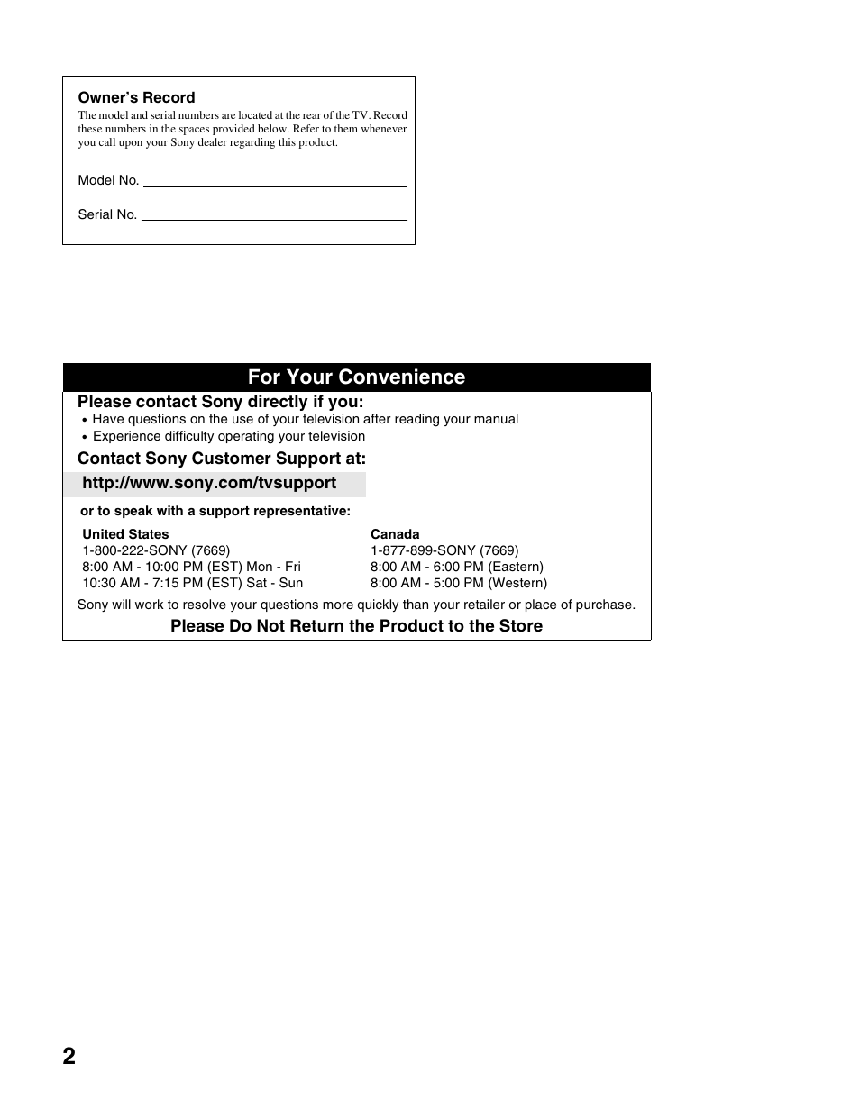 For your convenience | Sony KDS-R60XBR2 User Manual | Page 2 / 83