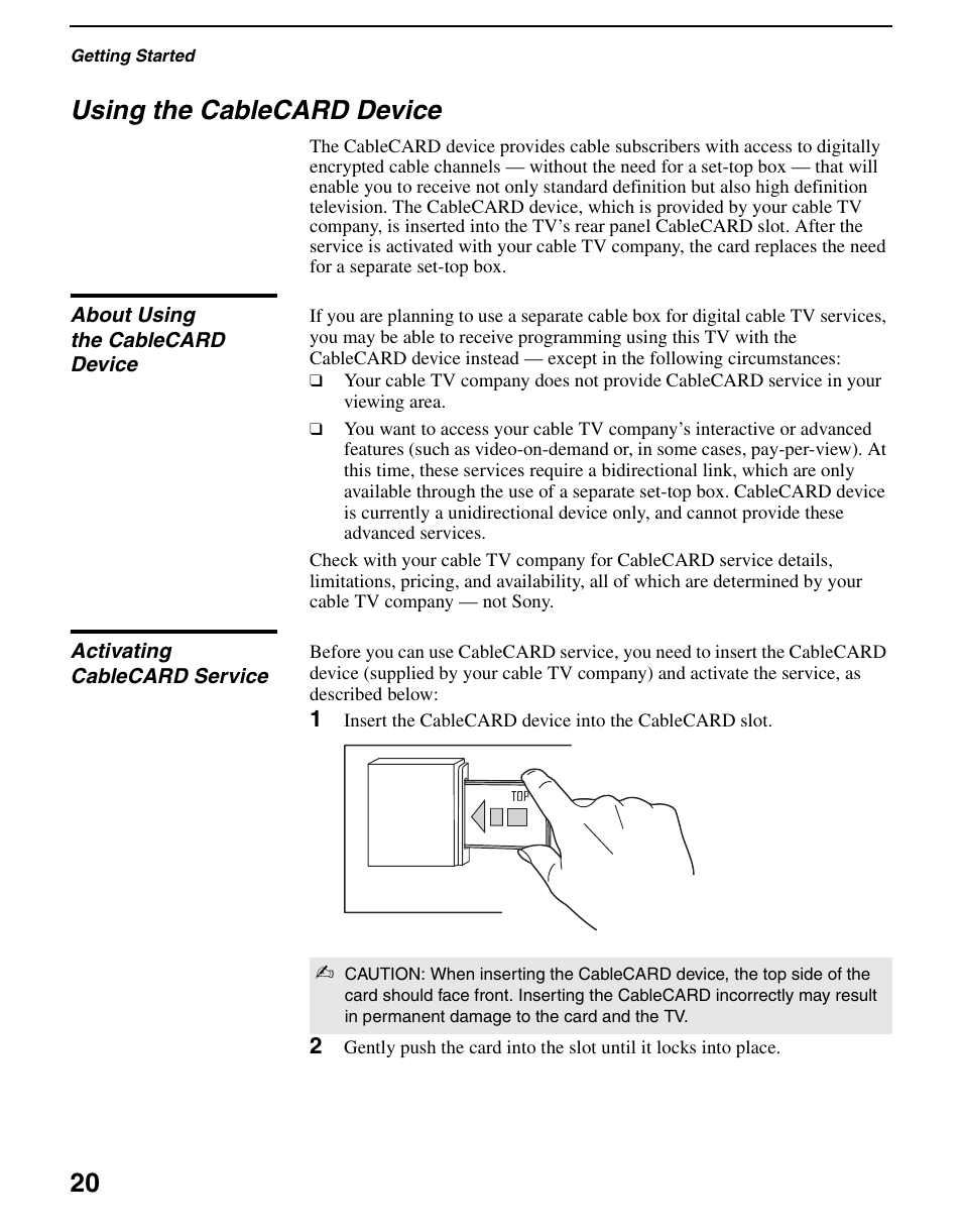 Using the cablecard device, About using the cablecard device, Activating cablecard service | 20 using the cablecard device | Sony KDS-R60XBR2 User Manual | Page 20 / 83
