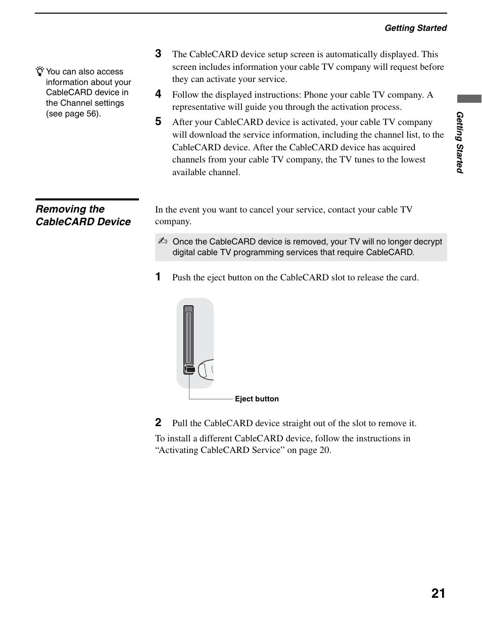 Removing the cablecard device | Sony KDS-R60XBR2 User Manual | Page 21 / 83