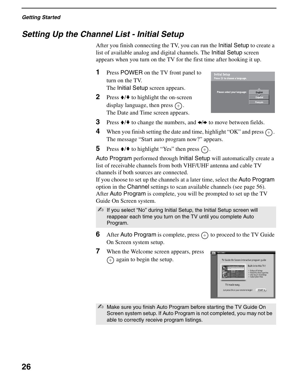 Setting up the channel list - initial setup, 26 setting up the channel list - initial setup | Sony KDS-R60XBR2 User Manual | Page 26 / 83