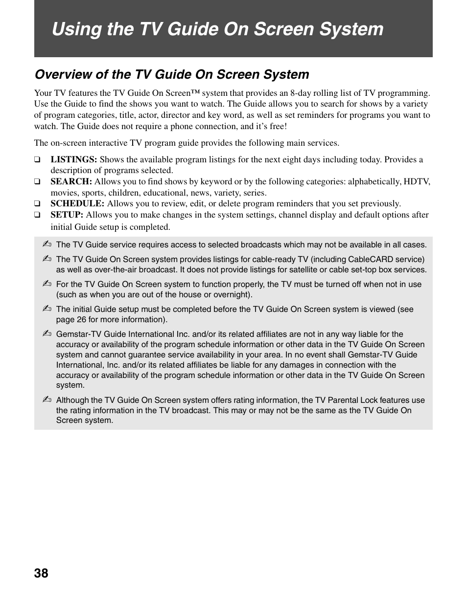 Using the tv guide on screen system, Overview of the tv guide on screen system | Sony KDS-R60XBR2 User Manual | Page 38 / 83