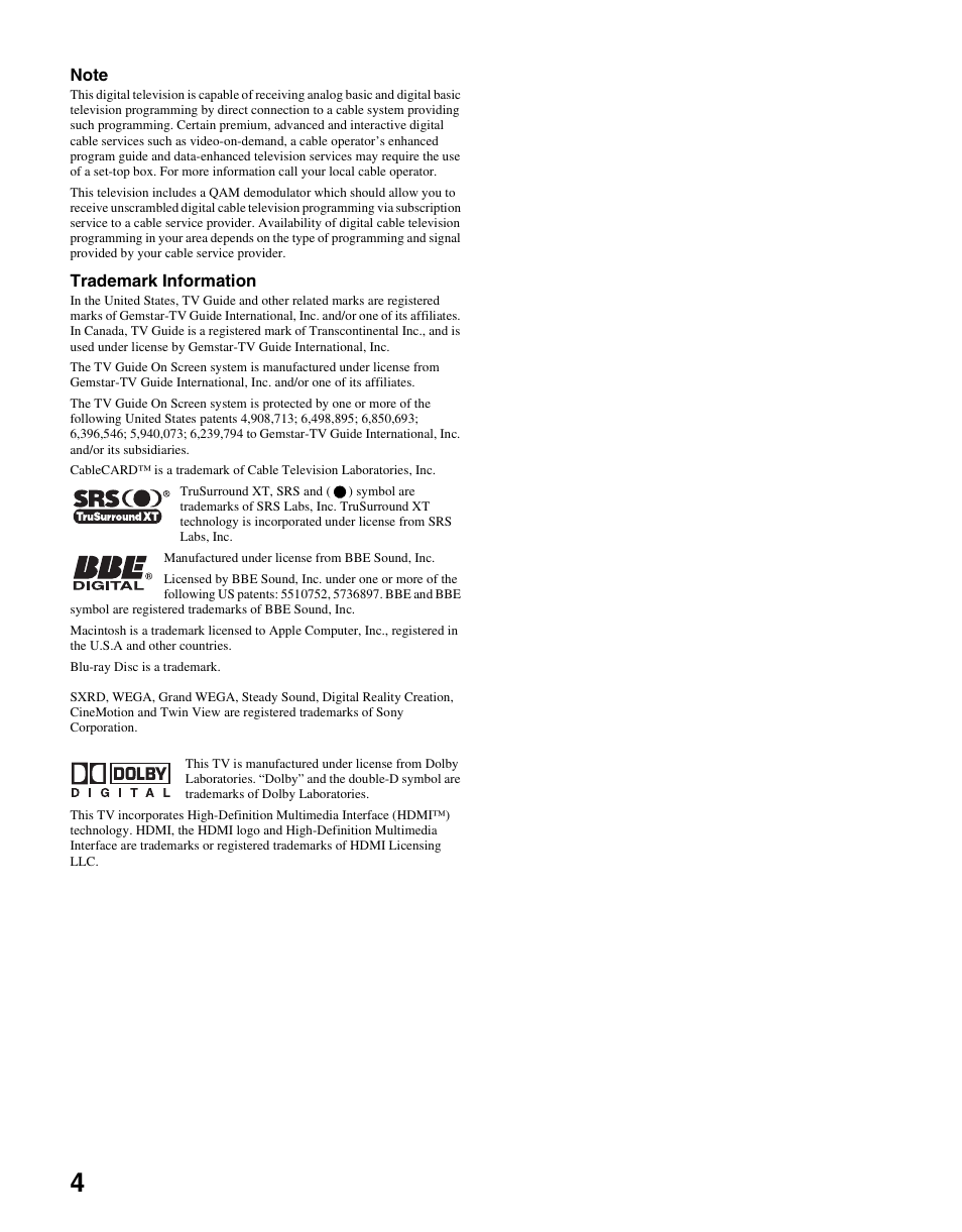 Sony KDS-R60XBR2 User Manual | Page 4 / 83