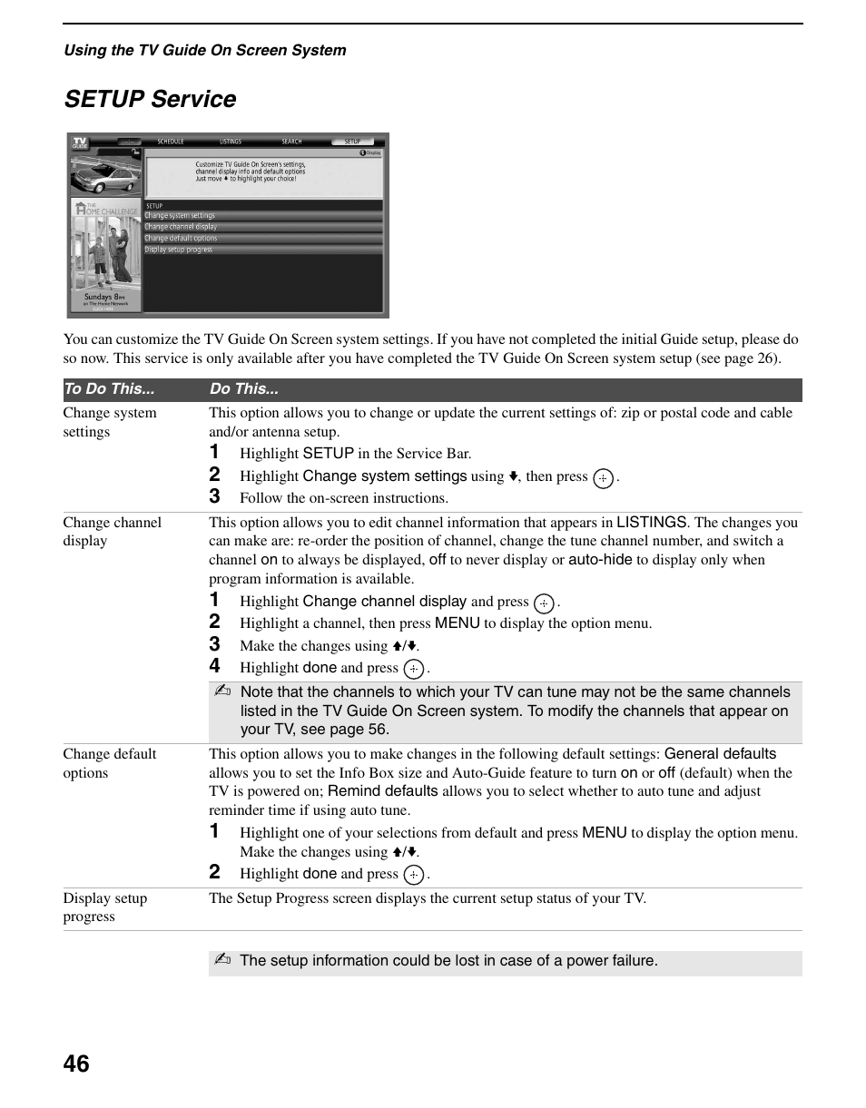 Setup service, 46 setup service | Sony KDS-R60XBR2 User Manual | Page 46 / 83