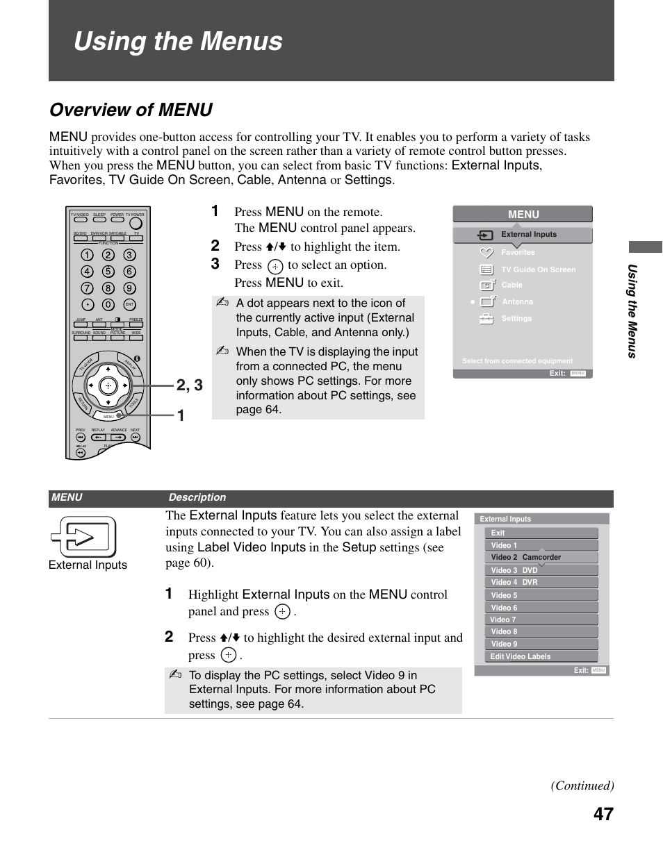 Using the menus, Overview of menu, Press v/v to highlight the item | Press to select an option. press menu to exit, Continued), Using the me nus, External inputs | Sony KDS-R60XBR2 User Manual | Page 47 / 83