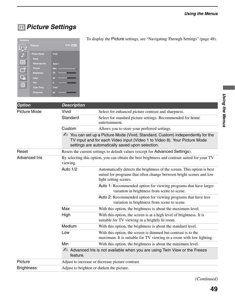 Picture settings | Sony KDS-R60XBR2 User Manual | Page 49 / 83