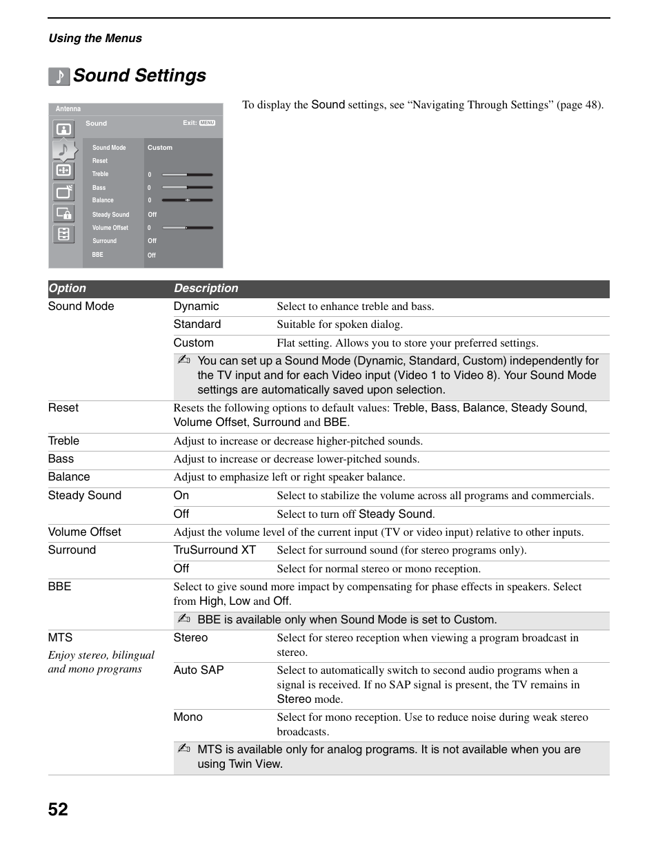 Sound settings, 52 sound settings | Sony KDS-R60XBR2 User Manual | Page 52 / 83