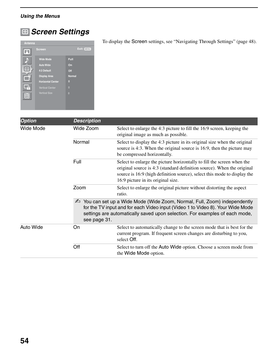 Screen settings, 54 screen settings | Sony KDS-R60XBR2 User Manual | Page 54 / 83