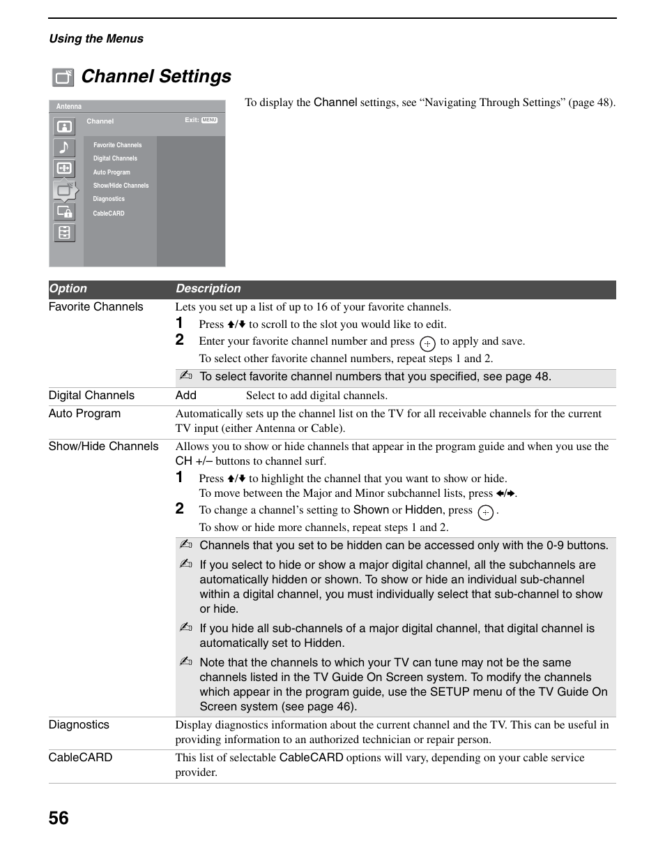 Channel settings, 56 channel settings | Sony KDS-R60XBR2 User Manual | Page 56 / 83