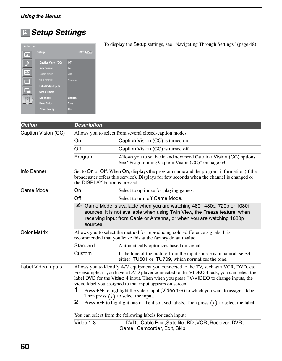 Setup settings, 60 setup settings | Sony KDS-R60XBR2 User Manual | Page 60 / 83
