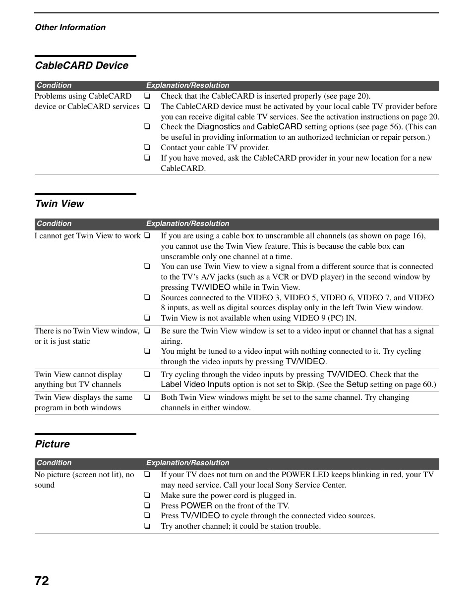 Cablecard device, Twin view, Picture | Cablecard device twin view picture | Sony KDS-R60XBR2 User Manual | Page 72 / 83